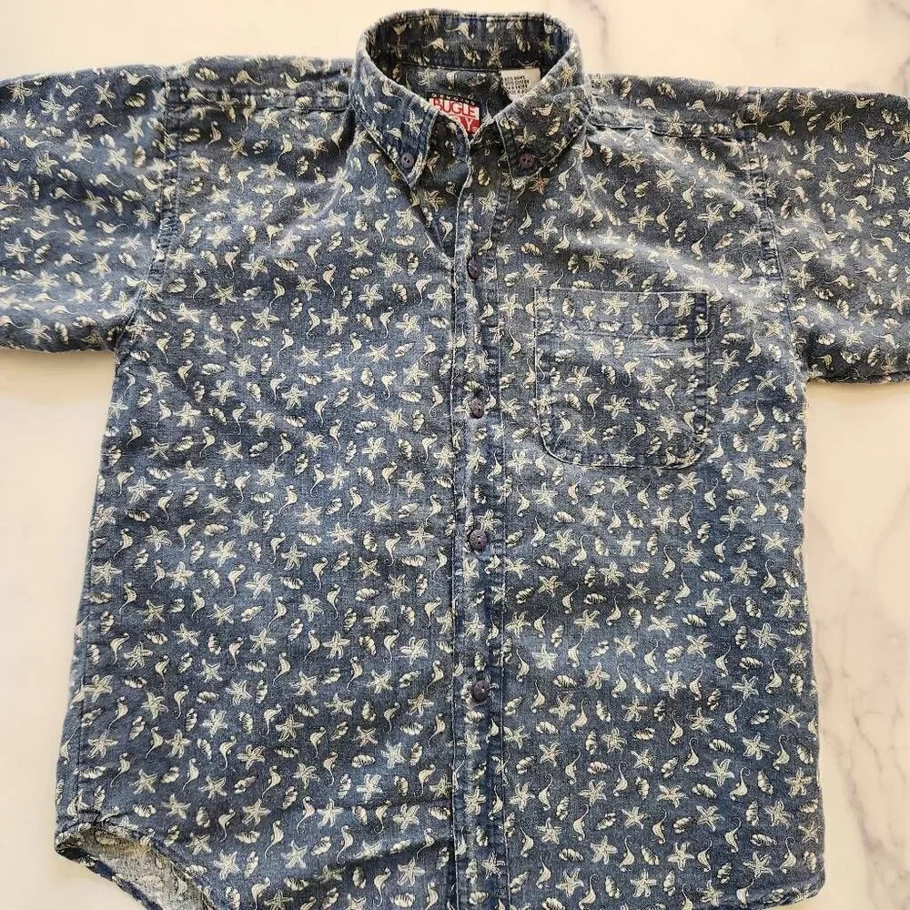 Bugle Boy boys size 7-8 year blue button-up nautical seashell seahorse casual dr
